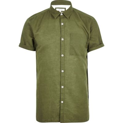 Green linen-rich short sleeve shirt